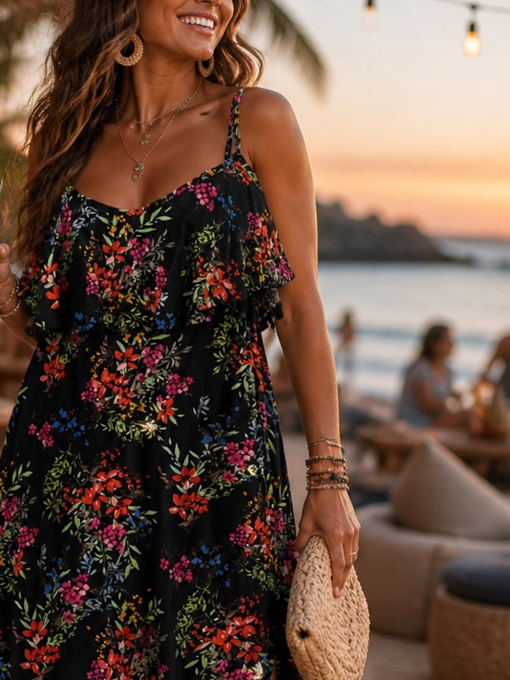 La Classe Couture Floral Mini Dress M Black Ruffle Strap Sundress EUC